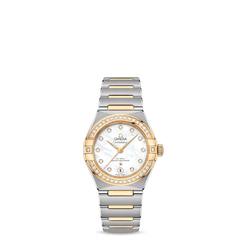 Omega Constellation steel/18k yellow gold 29mm diamond bezel white MOP diamond dial on steel/18k yellow gold bracelet