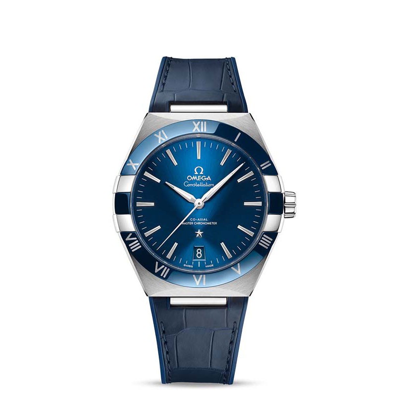 Omega Constellation steel polished blue ceramic bezel blue dial on leather strap with steel buckle