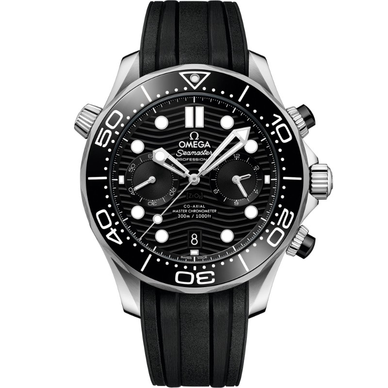 Omega Seamaster Diver 300M steel 44mm black ceramic bezel black index dial on black rubber strap with steel buckle