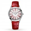 Omega De Ville Tresor steel 36mm diamond bezel white dial with red roman numerals on red leather strap with steel buckle