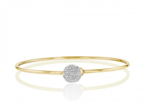 Phillips House 14k yellow gold Affair infinity button wire bangle bracelet, 10mm center with 68 round diamonds weighing 0.33 carat total weight, size 8