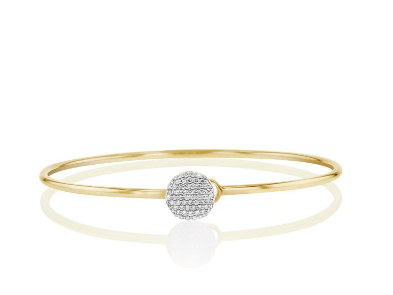 Phillips House 14k yellow gold Affair infinity button wire bangle bracelet, 10mm center with 68 round diamonds weighing 0.33 carat total weight, size 8