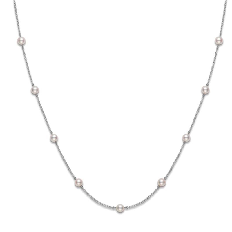 Mikimoto 18k white gold rhodium plated Station chain necklace with 11 pearl stations, 5.5mm/A+ akoya pearl, 16-18