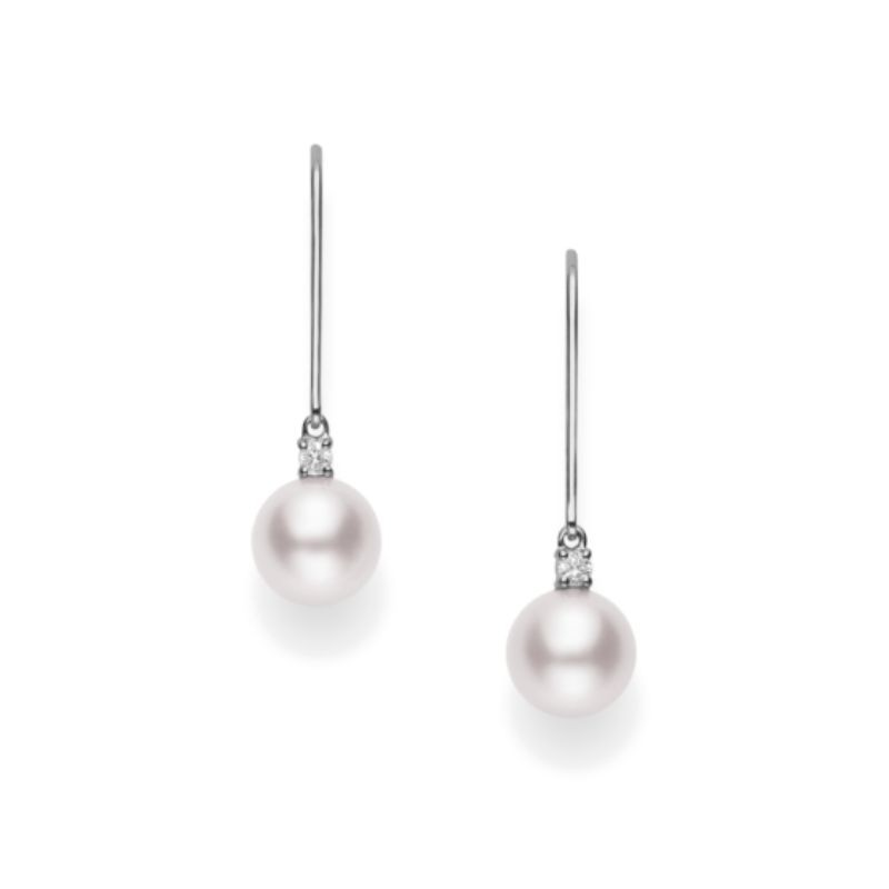 Mikimoto 18k white gold rhodium plated Classic-Classic pearl drop earrings with diamonds, 7mm/A+ Akoya pearls with diamonds weighing 0.06 carat total weight