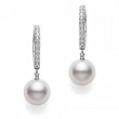 Mikimoto 18k white gold rhodium plated Classic-Classic pearl drop earrings with diamonds, 7.5mm/A+ akoya pearls with diamonds weighing 0.08 carat total weight