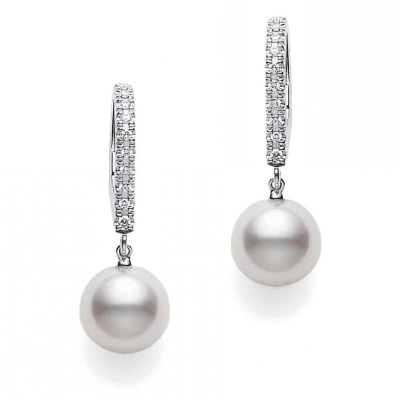 Mikimoto 18k white gold rhodium plated Classic-Classic pearl drop earrings with diamonds, 7.5mm/A+ akoya pearls with diamonds weighing 0.08 carat total weight