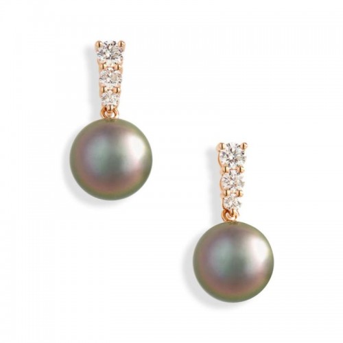Mikimoto 18k rose gold Morning Black South Sea pearl drop earrings with diamonds, 9mm BSS pearls with 6 round diamonds weighing 0.48 carat total weight