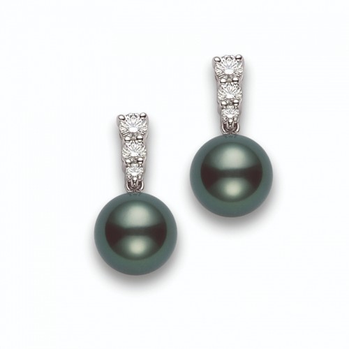 18 Karat White Gold Morning Dew Earrings With 2=9.00 Mm Round Tahitian Pearls And 6=0.48Tw Round Diamonds