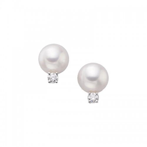 Mikimoto 18k white gold rhodium plated Everyday Essentials Akoya pearl stud earrings with diamonds, 6-6.5mm/ A+ pearl earrings with diamonds weighing 0.06 carat total weight