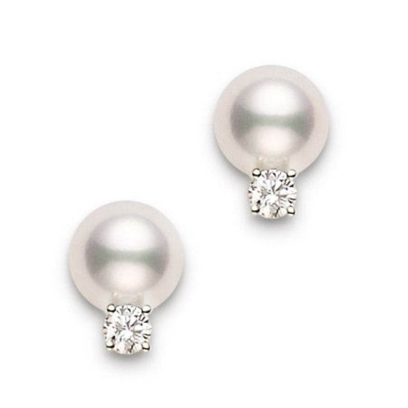 Mikimoto 18K Yellow Gold Everyday Essentitals Pearl Stud Earrings With Round Diamonds