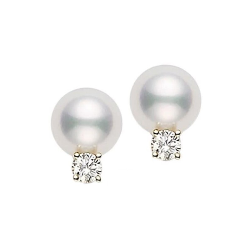 Mikimoto 18K Yellow Gold Everyday Essentials Pearl Stud Earrings With Diamonds