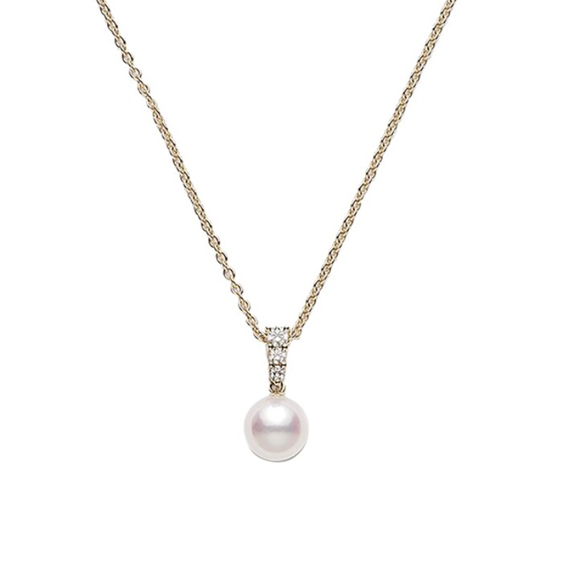 Mikimoto 18K Yellow Gold Morning Dew Pearl Pendant Necklace With Diamonds
