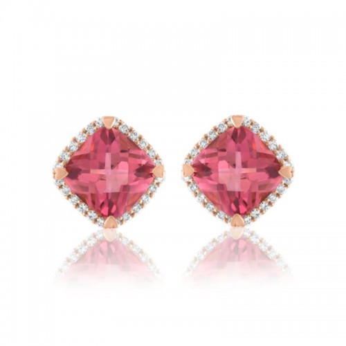 Lisa Nik 18k rose gold Rocks cushion shape pink tourmaline stud earrings with diamonds, 8mm pink tourmaline with diamonds weighing 0.30 carat total weight