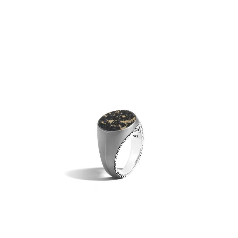 Sterling Silver Classic Chain Signet Ring In Satin Matte Black Rhodium And Gold