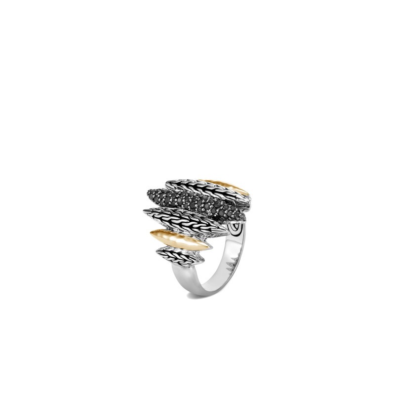 Classic Chain Hammered 18K Gold & Silver Spear Ring with Black Sapphire and Black Spinel BG