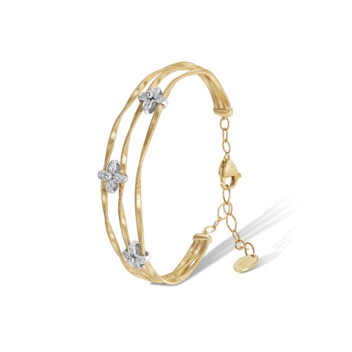 Marco Bicego 18k yellow gold and 18k white gold rhodium plated Marrakech Onde 3 row bangle bracelet with 3 diamond flower stations weighing 0.09 carat total weight, 2.4