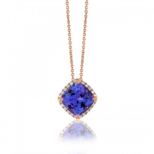 Lisa Nik 18k rose gold Rocks 8mm cushion shape tanzanite pendant necklace with diamond halo weighing 0.15 carat total weight, 18 small cable chain