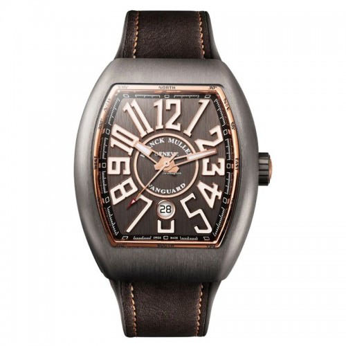 Franck Muller Vanguard Date titanium 45mm rose gold accent bezel brown dial on brown strap with titanium folding buckle