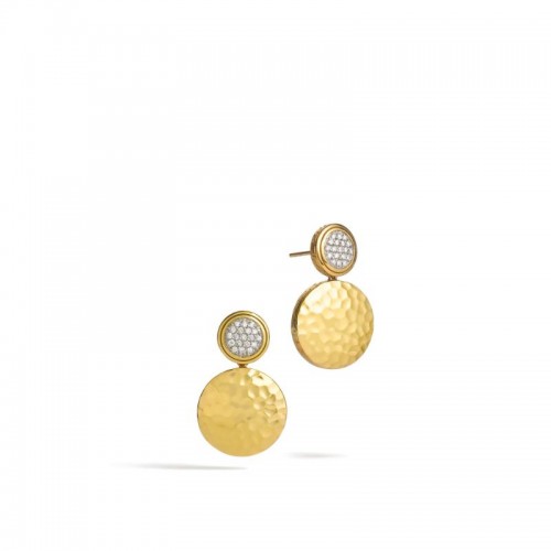 John Hardy 18k yellow gold Dot hammered double drop earrings with diamonds, 27.5mm earrings with diamonds weighing 0.28 carat total weight
