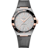 OMEGA Constellation steel/sedna gold 41mm black ceramic bezel rhodium grey dial on leather strap with steel buckle