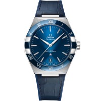 OMEGA Constellation steel polished blue ceramic bezel blue dial on leather strap with steel buckle