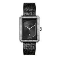 Chanel Boy-Friend steel diamond bezel black dial on steel bracelet with black coating and tweed motif on folding buckle