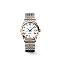 Longines Record 30mm, steel & rose gold, white Roman dial, automatic