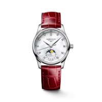 Longines Master Collection steel 34mm white MOP diamond dial on leather strap with steel buckle