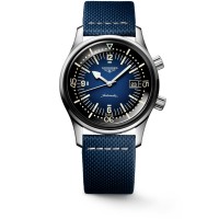 Longines Legend Diver 42mm steel case blue dial painted Arabic numerals and indexes with blue leather strap