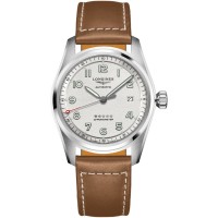 Longines Spirit steel smooth bezel silver dial on leather strap with steel buckle