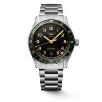 Longines Spirit Zulu Time "Pioneering Time Zones" 42mm steel case and bracelet grey dial Arabic numerals green bezel water resistant 100m