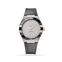 Omega Constellation steel/sedna gold 41mm black ceramic bezel rhodium grey dial on leather strap with steel buckle