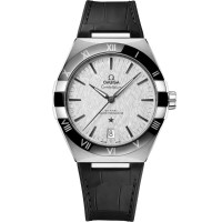 Omega Constellation steel 41mm polished black ceramic bezel grey dial on leather strap with steel buckle