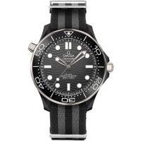 Omega Seamaster Diver 300M black ceramic 43.5mm black bezel black index dial on black nato strap with brushed buckle and titanium loop