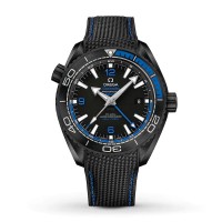 Omega Seamaster Planet Ocean 600M Co-Axial master chronometer GMT black ceramic 45.5mm black/blue bezel black dial with blue markers on rubber strap