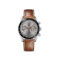 Omega Speedmaster Racing Co-Axial chronometer steel 44.25mm black ceramic bezel grey index dial on leather strap with steel buckle