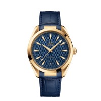 Omega Seamaster Aqua Terra 150M Tokyo 2020 18k yellow gold 41mm smooth bezel blue index dial on blue leather strap on 18k yellow gold folding clasp