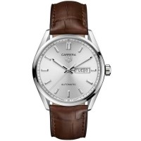 Tag Heuer Carrera steel 41mm smooth bezel silver index dial on leather strap with steel folding clasp