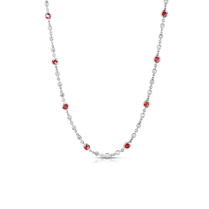 Roberto Coin 18K white gold rhodium plated Diamonds by the Inch ruby and diamond necklace with round rubies weighing 9.60 carats total weight, round diamonds weighing 6.22 carats total weight