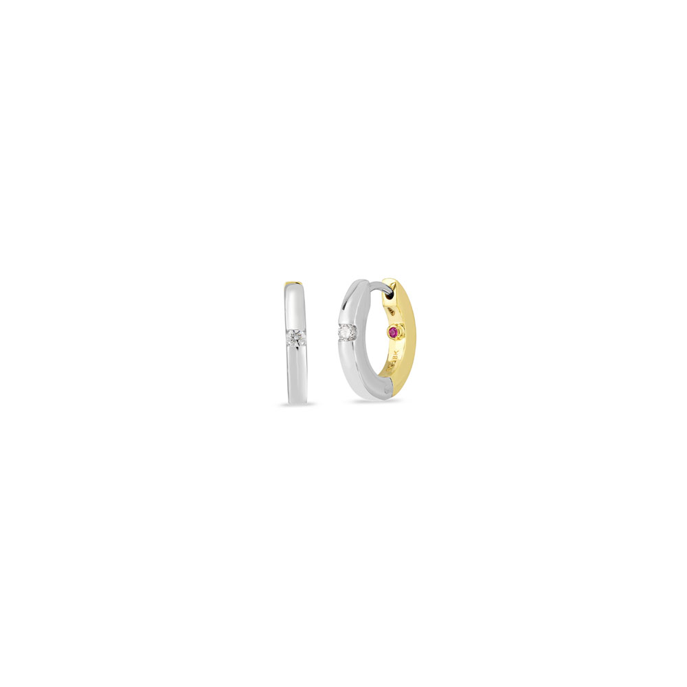 Roberto Coin 18K white and yellow gold diamond solitaire hoop earrings with 2 round diamonds weighing 0.08 carat total weight