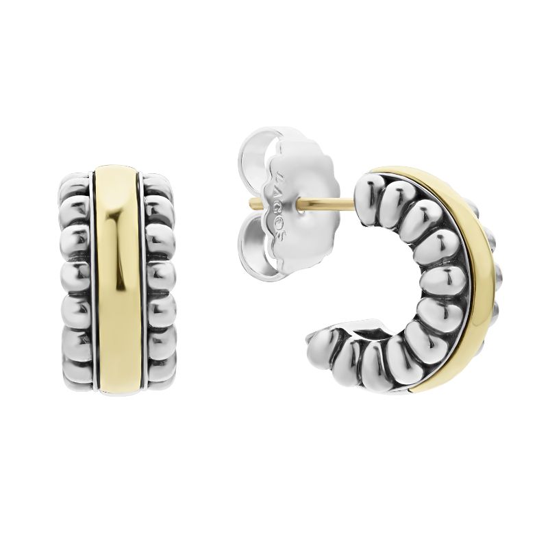 Lagos Sterling Silver And 18K Yellow Gold Signature Caviar Small 15X8Mm Fluted Hoop Earrings