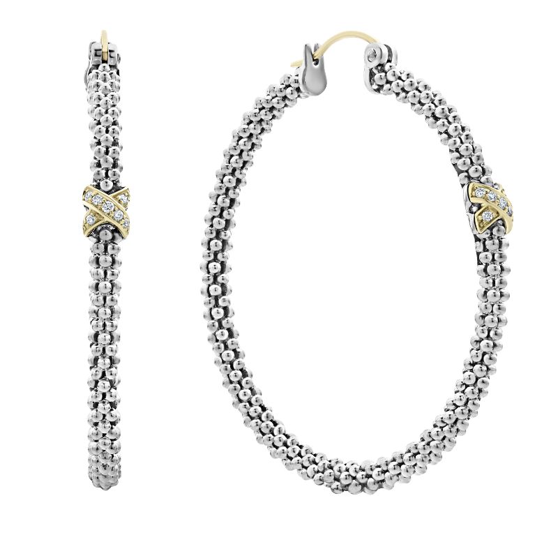 Lagos Sterling Silver And 18K Yellow Gold Rhodium Plated Caviar Lux Slim X Hoop Earrings With Diamonds