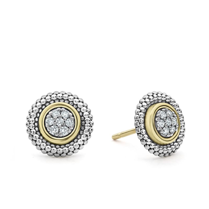 Lagos Sterling Silver And 18K Yellow Gold Signature Caviar Round Diamond Stud Earrings