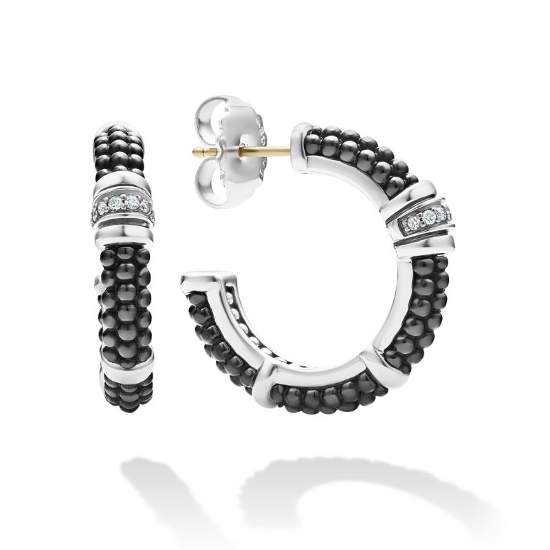 Lagos Sterling Silver Black Caviar Black Ceramic Hoop Earrings With Diamonds