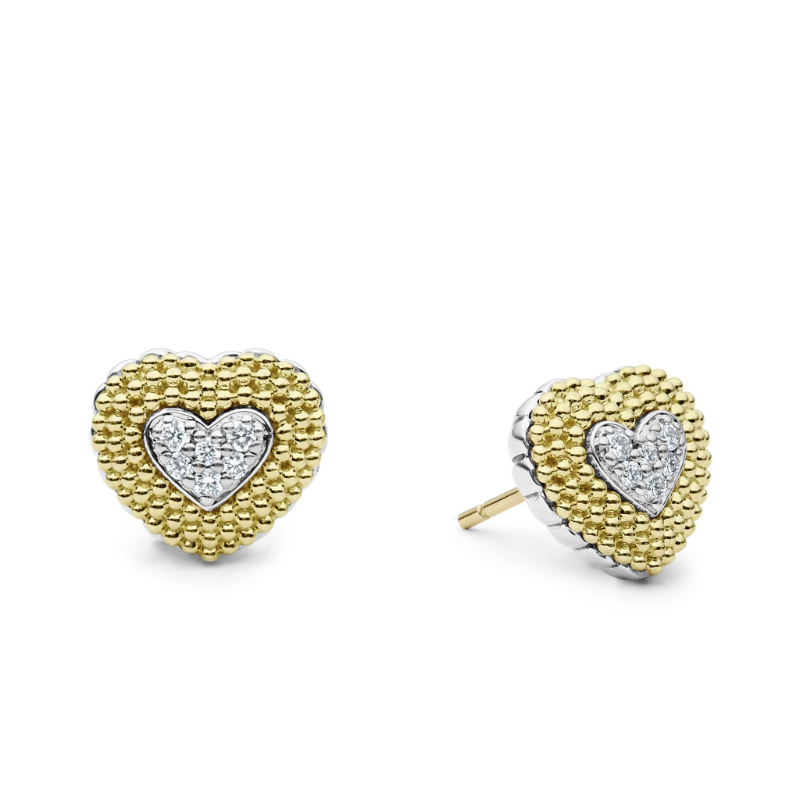 Lagos Sterling Silver And 18K Yellow Gold Caviar Lux Diamond Heart Stud Earrings