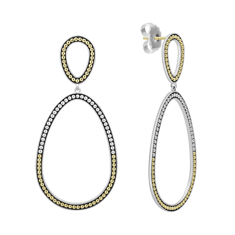 Lagos Sterling Silver And 18K Yellow Gold Signature Caviar Double Ovoid Shape Drop Earrings