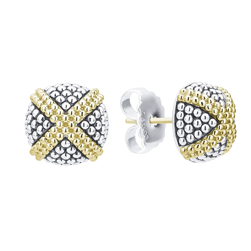 Lagos Sterling Silver And 18K Yellow Gold Signature Caviar Domed Large X Stud Earrings