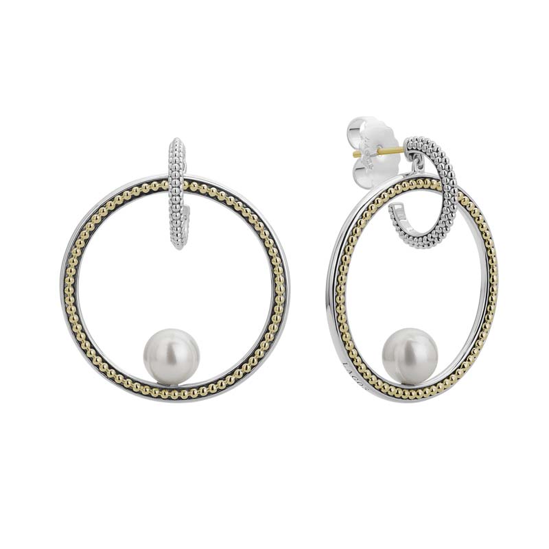 Lagos Sterling Silver And 18K Yellow Gold Luna Caviar Circle Drop Earrings With Pearls