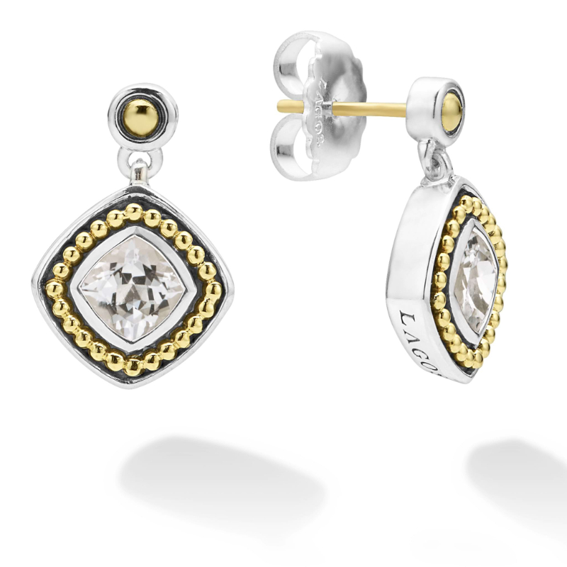Lagos Sterling Silver And 18K Yellow Gold Caviar Color White Topaz Drop Earrings
