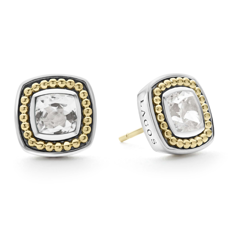 Lagos Sterling Silver And 18K Yellow Gold Caviar Color Square Stud Earrings